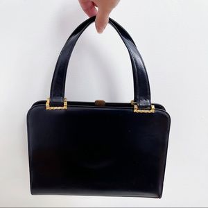 Vintage Saks Fifth Ave Black Leather Top Handle Gold Tone Bag Made in France